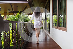 Young Girl On Hotel Terrace, Tropical Forest Beautiful Woman Back Rear View Summer Vacation