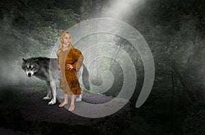 Young Girl, Indian Princess, Wolf