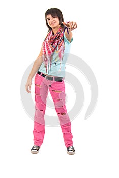 Young Girl Jeans In A Torn Pink Jeans.