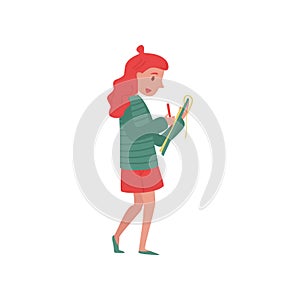 Young girl journalist taking notes on her clipboard. Professional at work. Official press reporter. Flat vector design