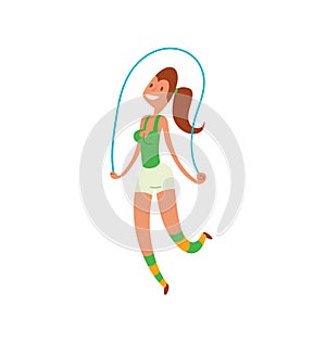 Young girl jumping rope fitness, sport, training, park and lifestyle concept vector.
