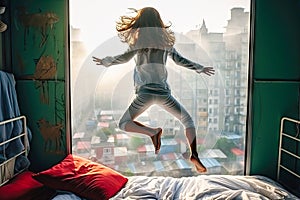 a young girl jumping on the top of her bed