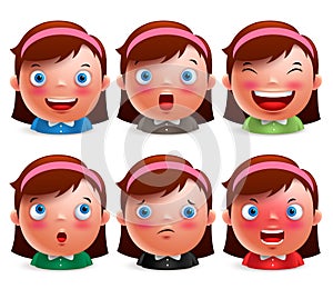 Young girl kid avatar facial expressions set of cute emoticon heads