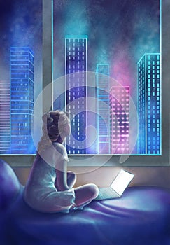 A young girl with laptop looks through the window at the night city.