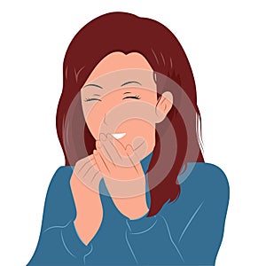 The young girl laughs, covering her mouth with her hands. Vector flat.