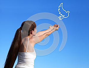 Young, girl, launches, pigeon