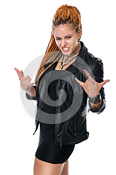Young girl in leather jacket with dreadlocks with characteristic