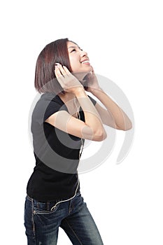 Young girl listen music and smile
