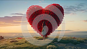 Young girl with long hair in a dress, standing in front of a large red heart of red roses on green grass at sunset. Flowering