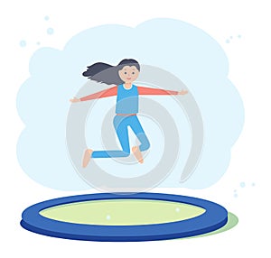 Young girl with long hair jumping on a trampoline, happy child having fun outdoors. Joyful kid playing, active childhood