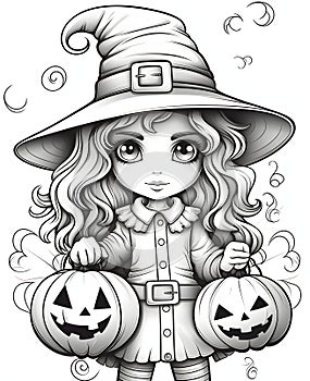 Young girl with long hair, witch hat holding two jack-o-lantern pumpkins, Halloween black and white picture coloring book