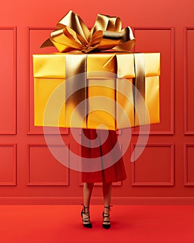 Young girl in long skirt holding giant golden present box with bow against red background. Christmas presents, surprise
