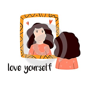 Young girl looking in mirror. Love yourself text