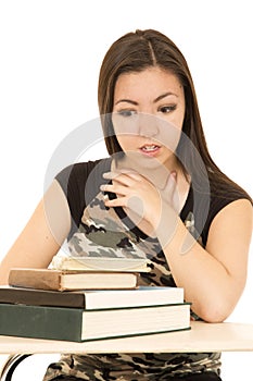 Young girl looking at a pile of books afraid facial expression