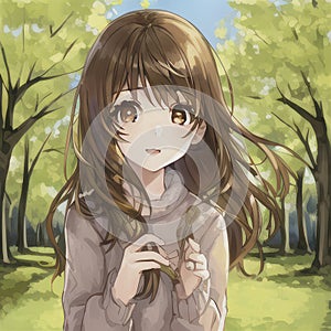 young girl made in AI technology , brown hair and eyes, wering coat in summer in a park