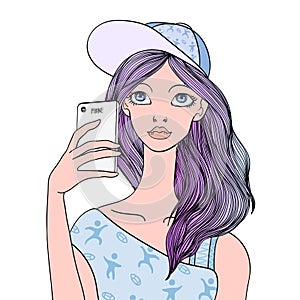 A young girl makes a selfie with a smartphone. Vector portrait illustration, isolated on white.