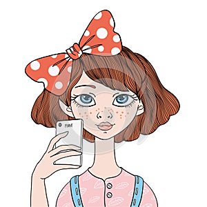 A young girl makes a selfie with a smartphone. Vector portrait illustration, isolated on white.