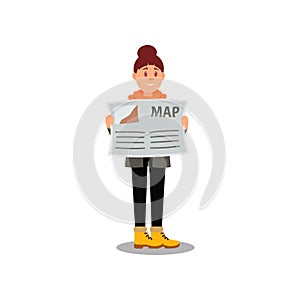 Young girl with map in hands. Cartoon character of tourist. Adventure and outdoor recreation. Flat vector design