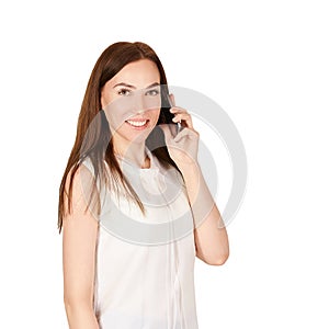 Young girl with mobilephone. Business woman talking on phone. Adorable caucasian businesswoman shopping