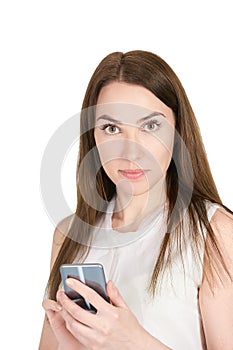 Young girl with mobilephone. Business woman write on screen. Adorable caucasian businesswoman texting to friend