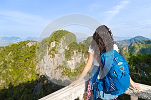 Young Girl Mountains Cave Looking Landscape Back Rear View Tourist Woman Summer Vacation