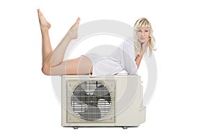 Young girl with a new air conditioner