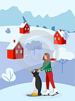 A young girl in a New Year\'s sweater and a hat with headphones against the background of snowflakes is skating on the lake.