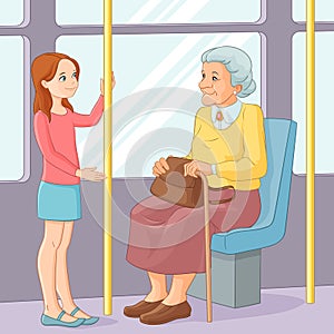 Young girl offering a seat to an old lady in public transport. Vector illustration. photo