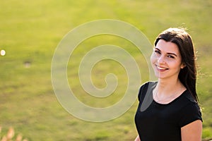 Young girl in old fotball stadium photo