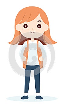 Young girl with orange backpack, smiling, standing. Schoolgirl with long hair, casual clothing, happy expression vector