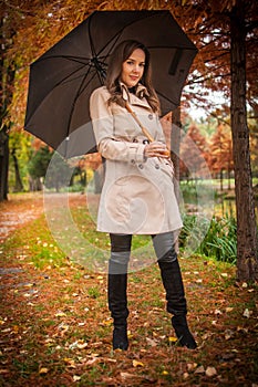 young girl in overcoat in forest. Fashion woman in coat in park. Slim young fashion model wearing white coat outdoor.