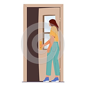 Young Girl Peep into Open Doorway, Curious Female Character Opening Door Isolated on White Background