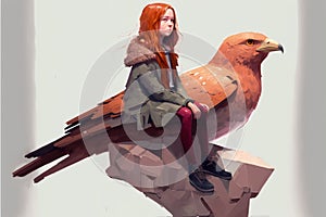A young girl perched atop a colossal avian creature with futuristic features. illustration painting