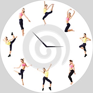 Young girl with perfect sports figure in the circle watch. Sport concept - fitness time.
