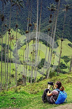 Young girl photographer taking pictures of Cocora valley