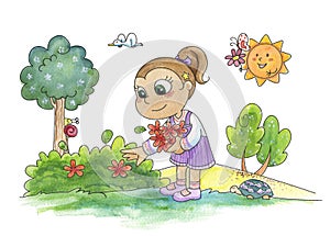 Young girl picking flowers