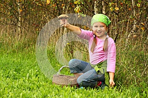 Young girl picking mushrooms