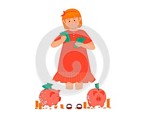 Young girl with piggy banks and money stacks, happy child saving currency. Financial education and savings concept for