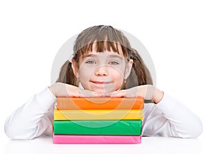 Young girl with pile books. isolated on white background