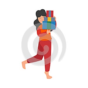 Young girl with a pile of gift box. Flat cartoon people characters with holiday scenes. Celebration Christmas, New Year concept