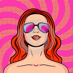 Young girl in pink glasses pop art vector