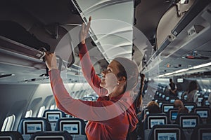 The young girl placed her hand luggage into the compartment