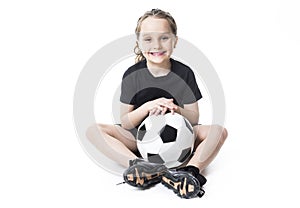 Young girl play soccer ball, Isolated over white