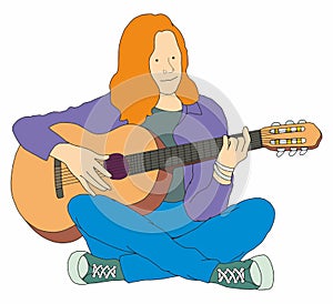 Young girl playing the guitar and composes music. vector cute character. photo