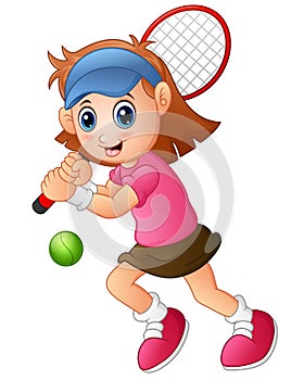 Young girl playing tennis on a white background