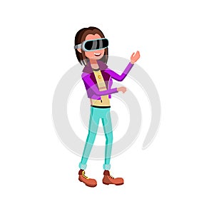 young girl playing video game in vr glasses electronic device cartoon vector