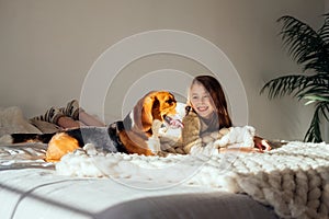 Young girl plays with her dog on the bed. Beagle and girl laugh together. Funny dog and pretty caucasian girl