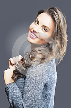 Young Girl Portrait with Long Brown Hair. Beautiful Woman with Beauty Brown Hair