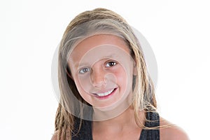 Young girl portrait with long fine hairs in white background