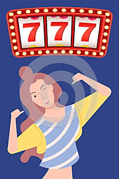 Young Girl Posing Lucky Sevens Casino Sign Vector